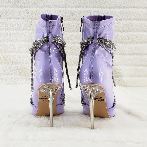 Lilac Purple Stretch Patent High Heel Ankle Boots with Rhinestone Straps - Picture 9 of 14